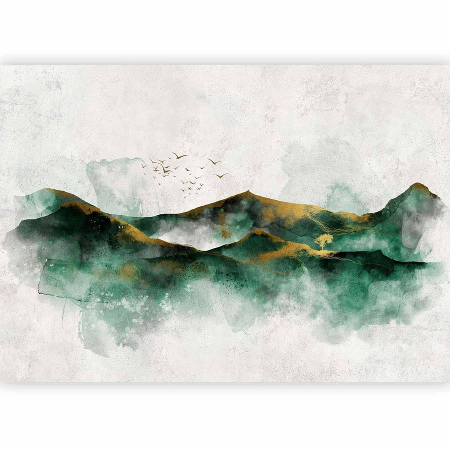 Fototapete - Abstract landscape - green mountains with golden patterns and birds Artgeist