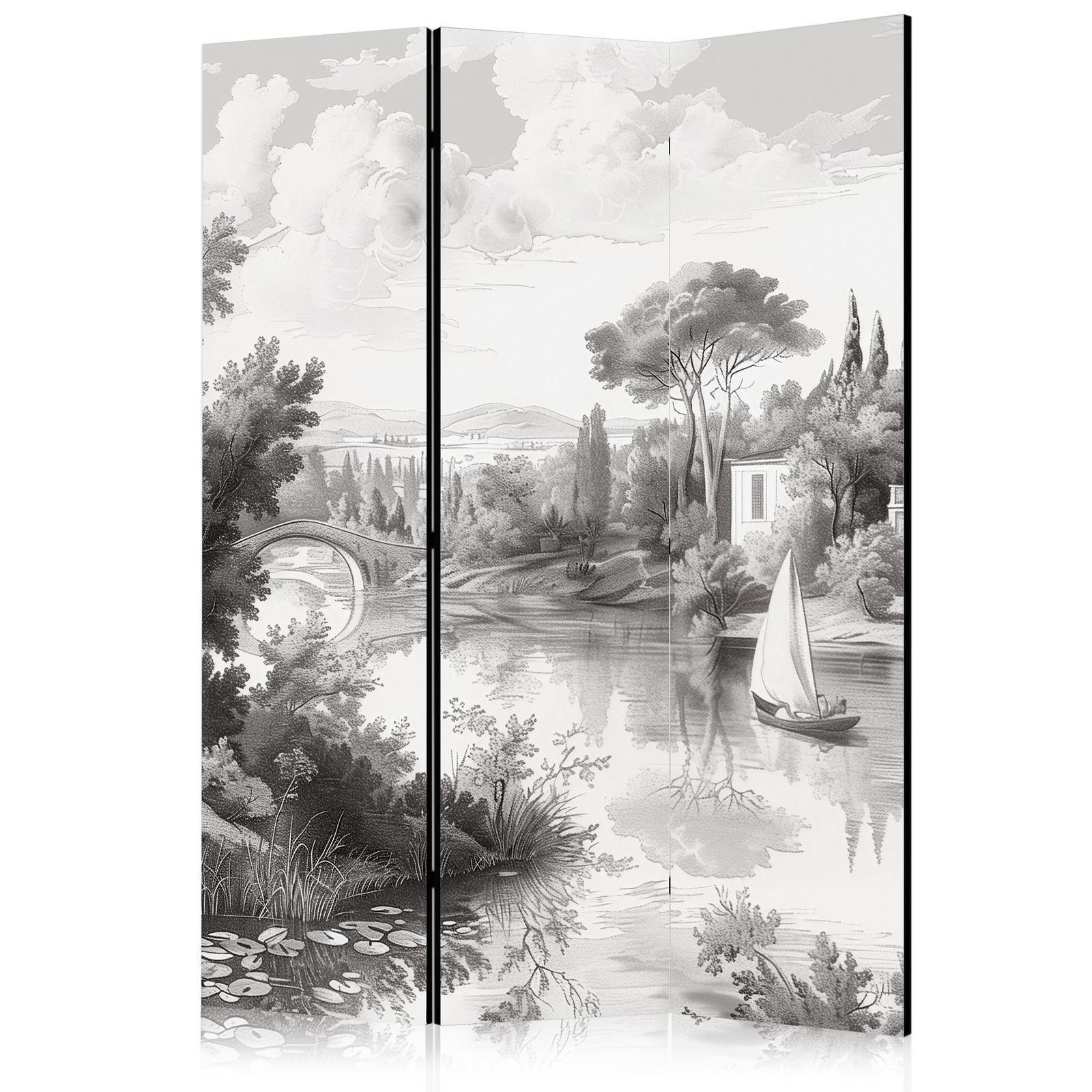 Paravent - Schwarz-Weiß Vintage Landschaft - Retro-Ansicht eines Teichs mit einem Boot Artgeist