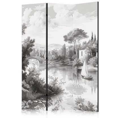 Paravent - Schwarz-Weiß Vintage Landschaft - Retro-Ansicht eines Teichs mit einem Boot Artgeist