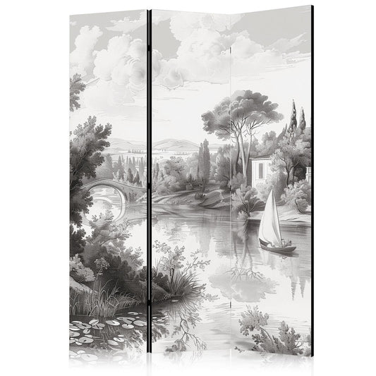 Paravent - Schwarz-Weiß Vintage Landschaft - Retro-Ansicht eines Teichs mit einem Boot Artgeist