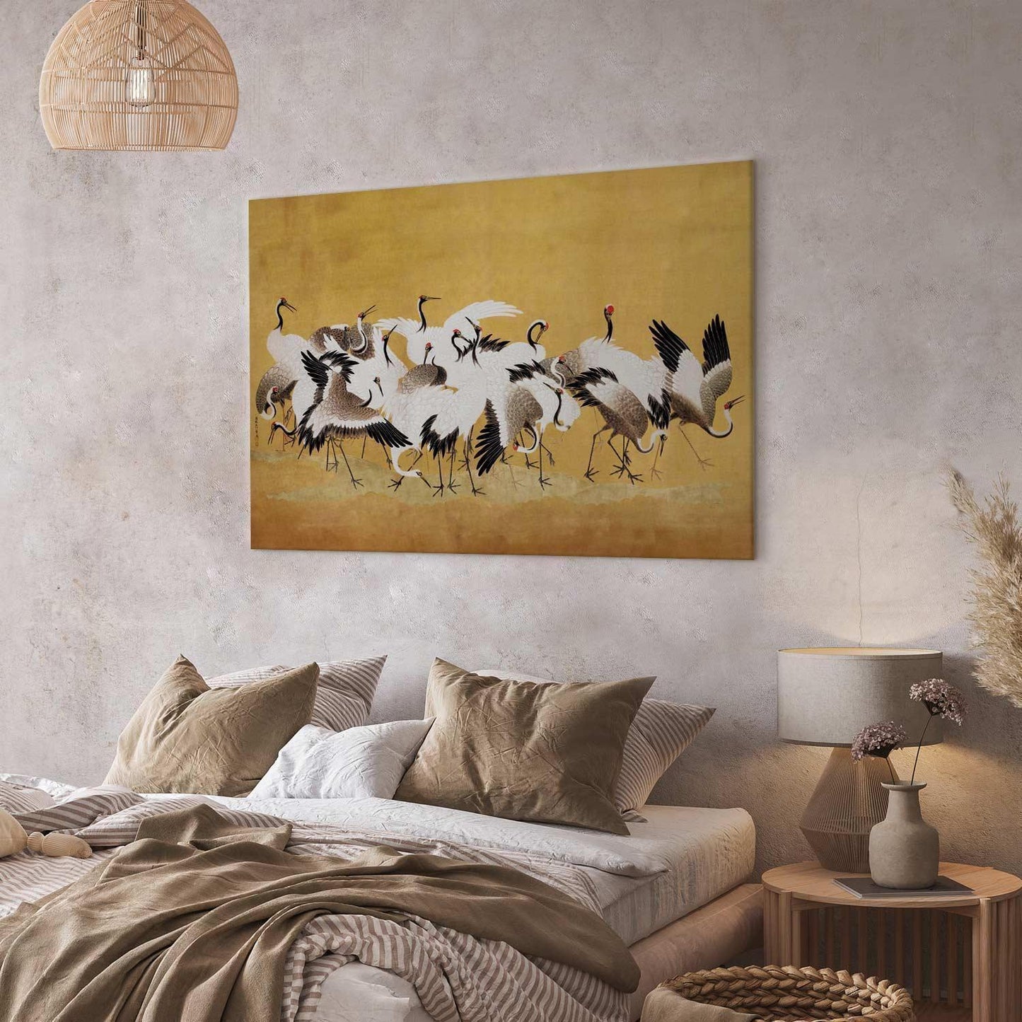 Leinwandbild - Japanese cranes - a flock of birds against a golden background based on a painting by Ishida Yūtei