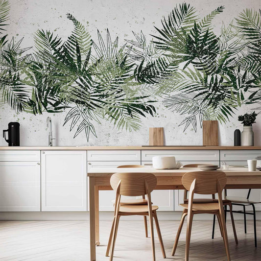 Fototapete - Jungle and green plume - large tropical leaves on a white background Artgeist