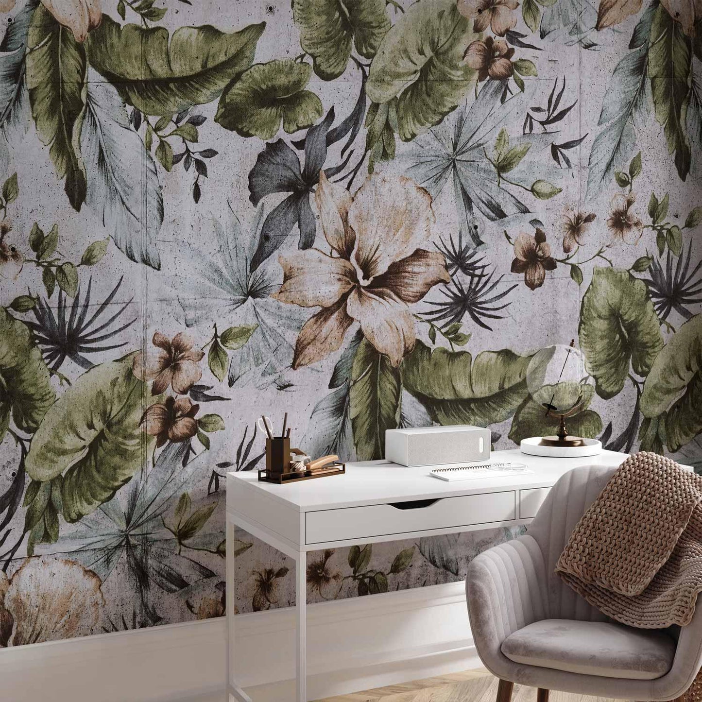 Fototapete - Nature in retro style - jungle landscape with pale leaves and flowers