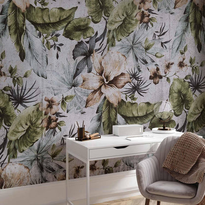 Fototapete - Nature in retro style - jungle landscape with pale leaves and flowers