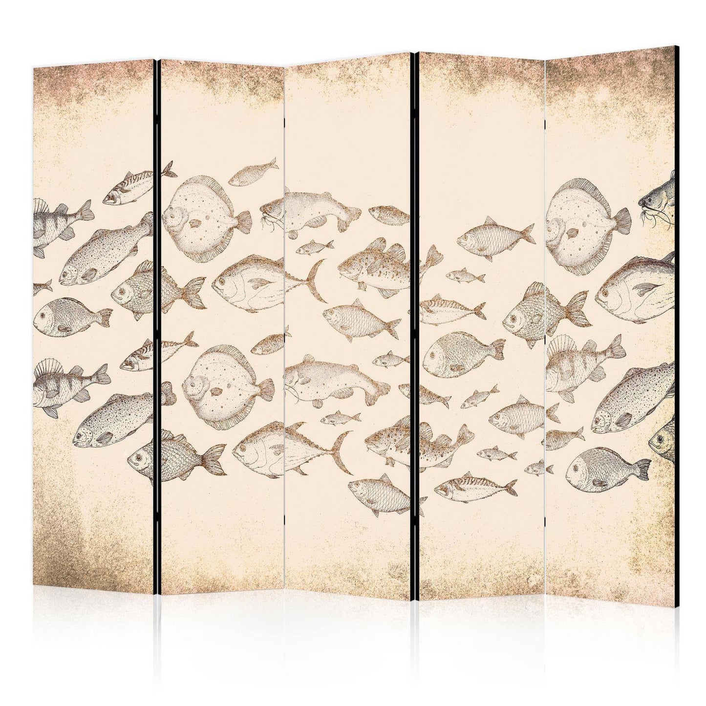 Paravent - Sketch of a Fish School - Sketches of Various Fish Species Swimming in a School on a Beige Background in Vintage Style Artgeist