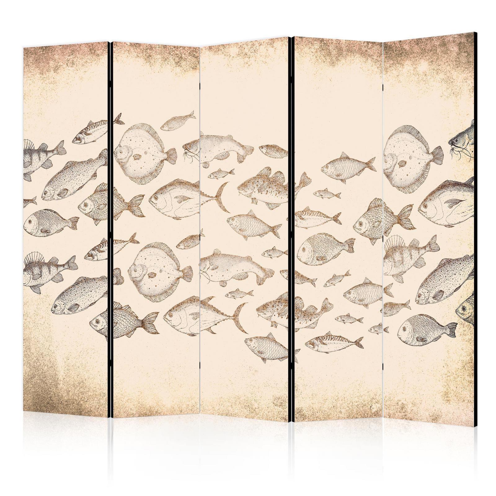 Paravent - Sketch of a Fish School - Sketches of Various Fish Species Swimming in a School on a Beige Background in Vintage Style Artgeist