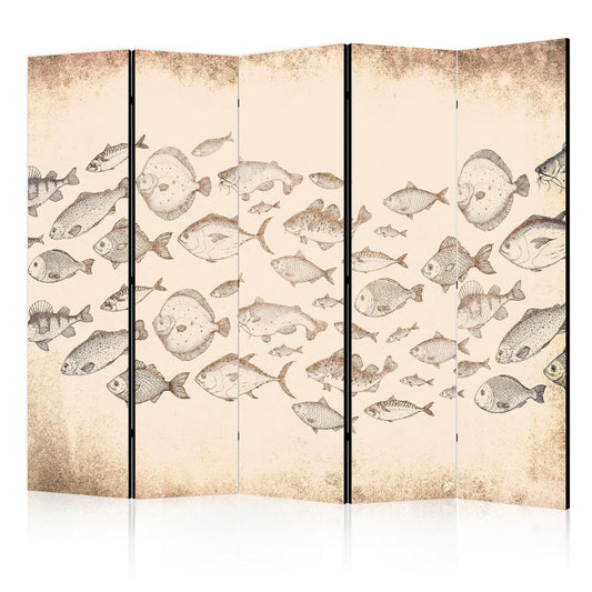 Paravent - Sketch of a Fish School - Sketches of Various Fish Species Swimming in a School on a Beige Background in Vintage Style Artgeist