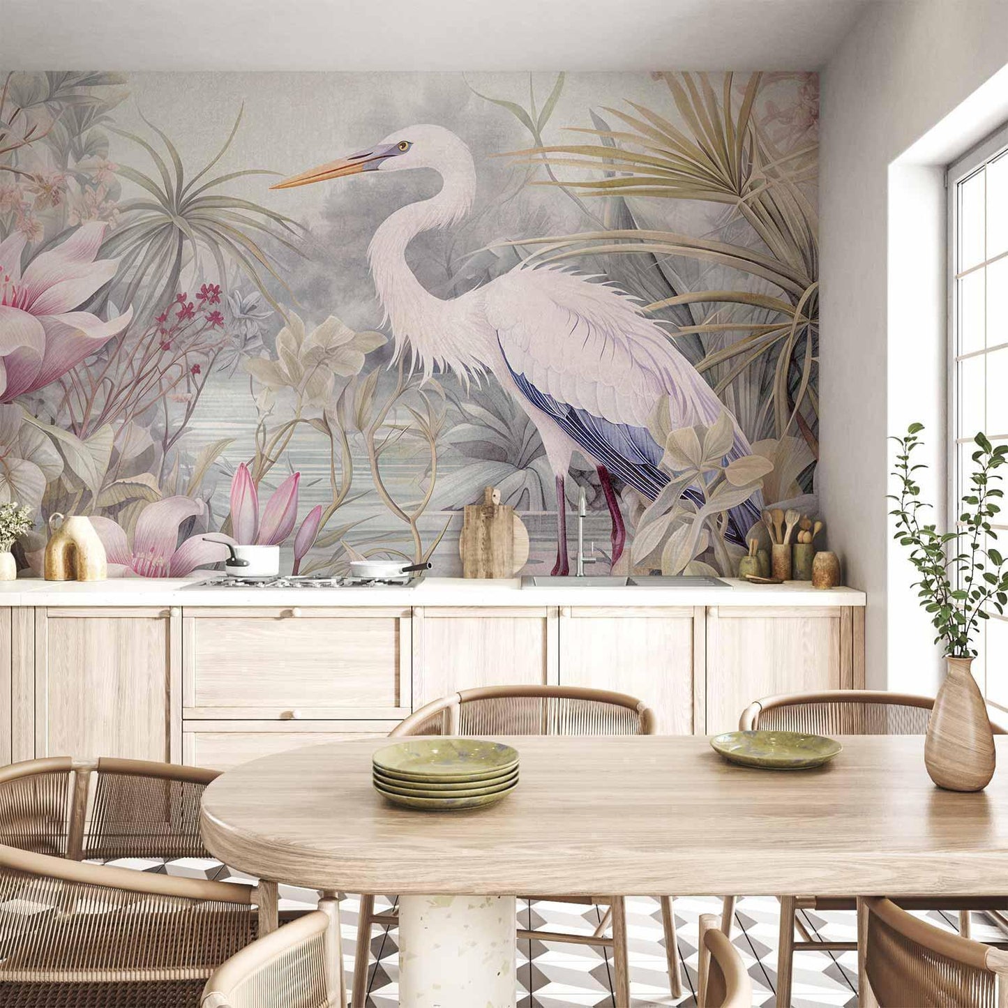 Fototapete Reiher am Teich – Farbenfrohe Illustration mit Wasserpflanzen