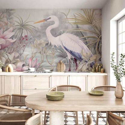 Fototapete Reiher am Teich – Farbenfrohe Illustration mit Wasserpflanzen