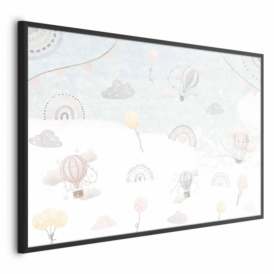 Poster featuring hot air balloons and clouds, titled 
