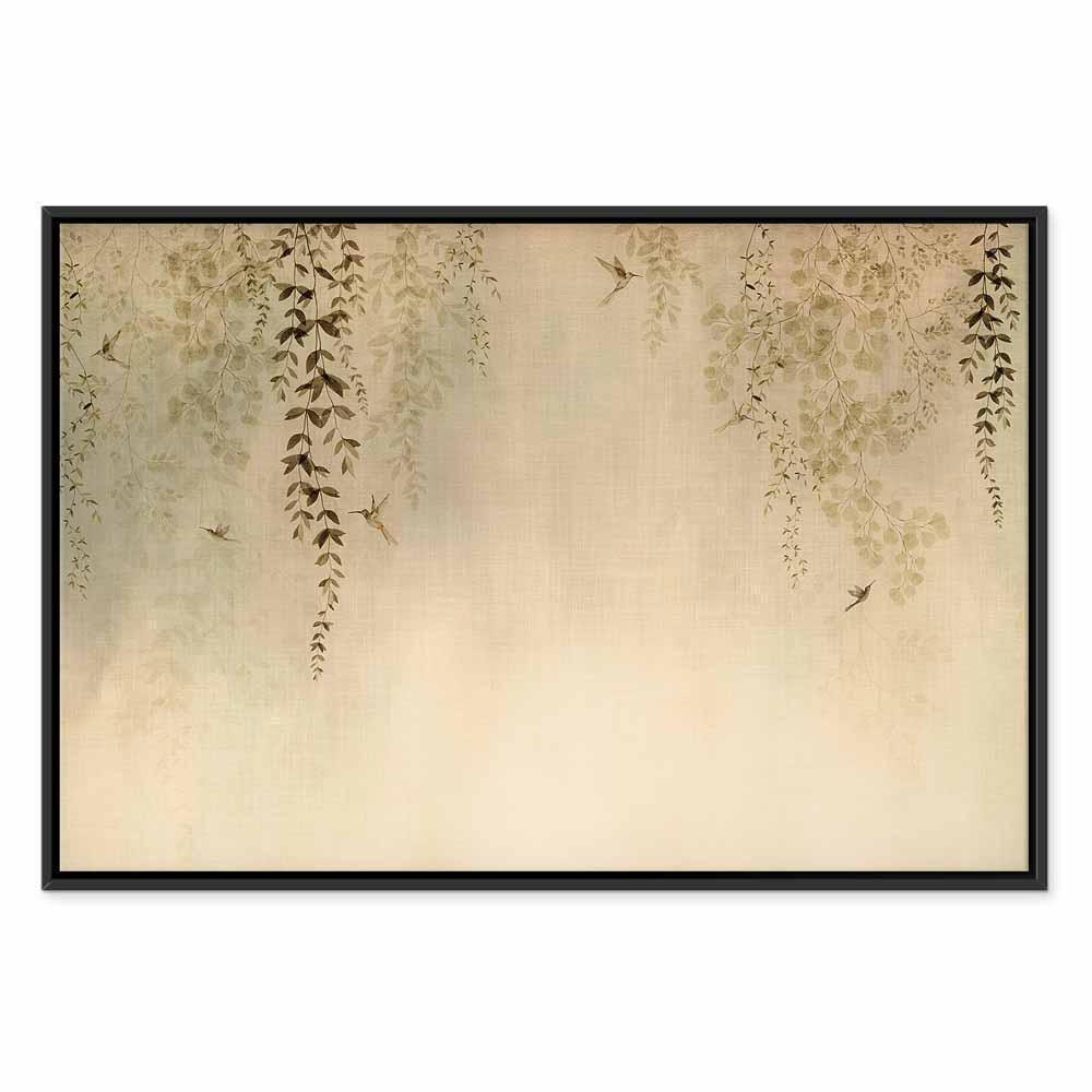 Leinwandbild - Spring Orchard - Hummingbirds Among Tree Branches in Beige Shades