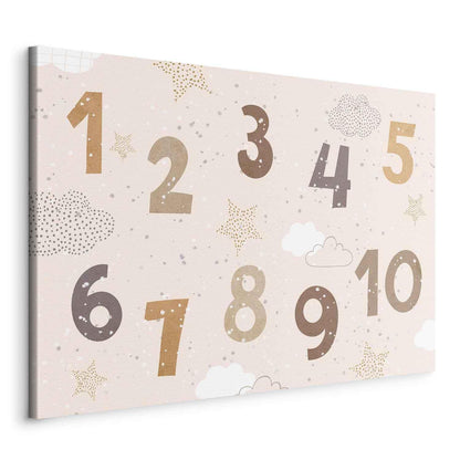 Leinwandbild - Jumping Numbers - Numbers in a Subdued Beige-Brown Hue Among Snowflakes Stars and Clouds Artgeist