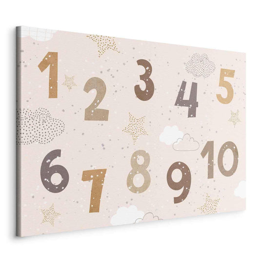 Leinwandbild - Jumping Numbers - Numbers in a Subdued Beige-Brown Hue Among Snowflakes Stars and Clouds Artgeist