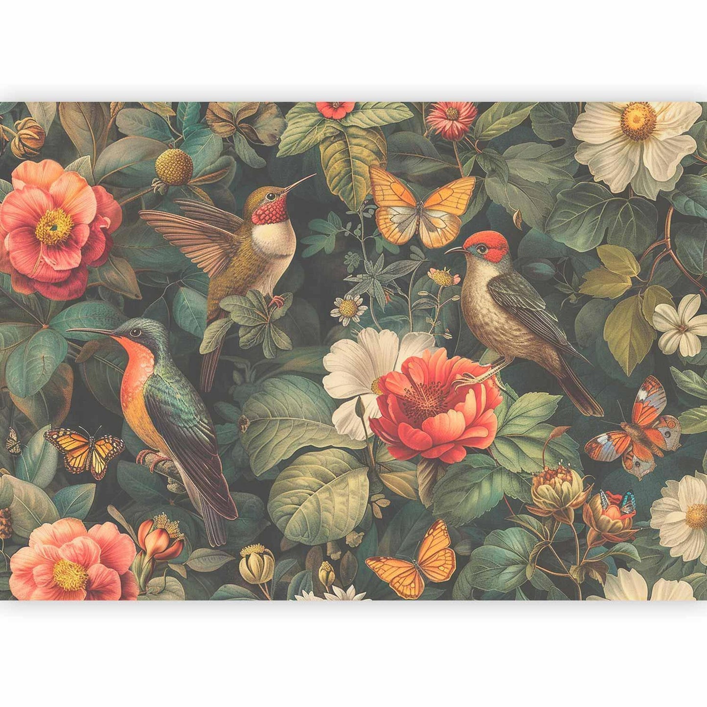 Fototapete - Flowers, birds and butterflies – vintage-style illustration