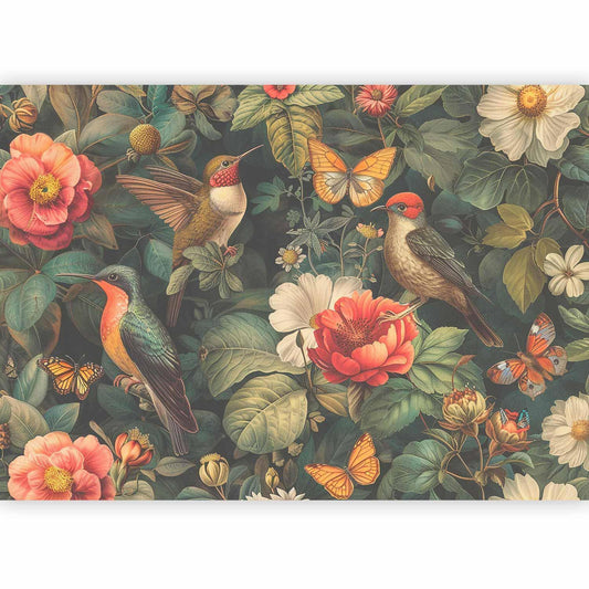 Fototapete - Flowers, birds and butterflies – vintage-style illustration