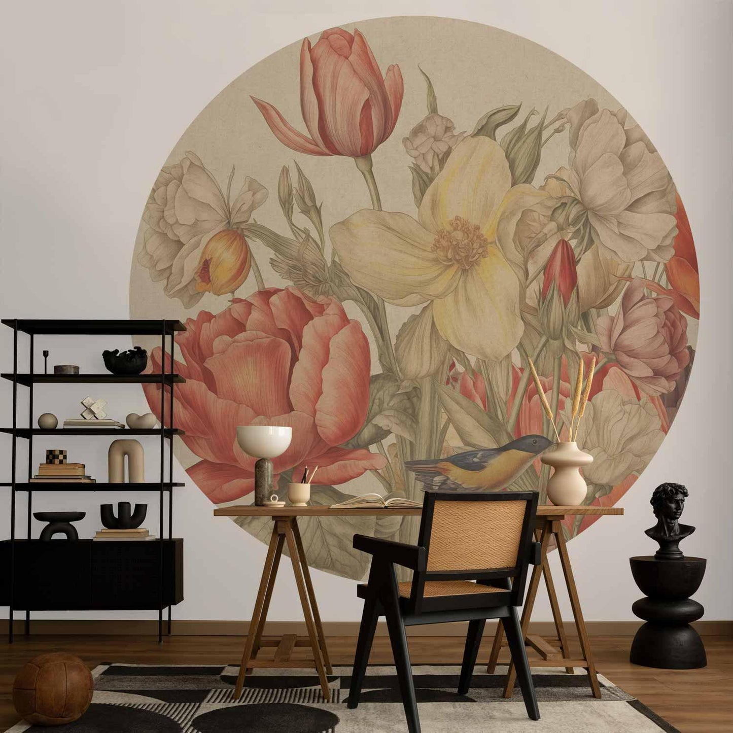 Runde Fototapete - Bouquet of flowers on a cream background