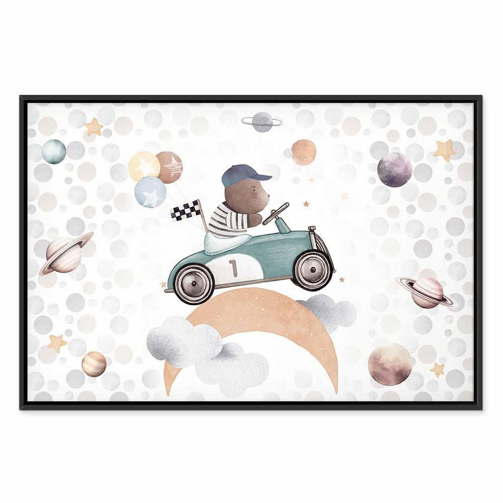 Leinwandbild - Galactic Races - A Bear Participating in Car Races Among Planets Clouds and Stars in Pastel Hues