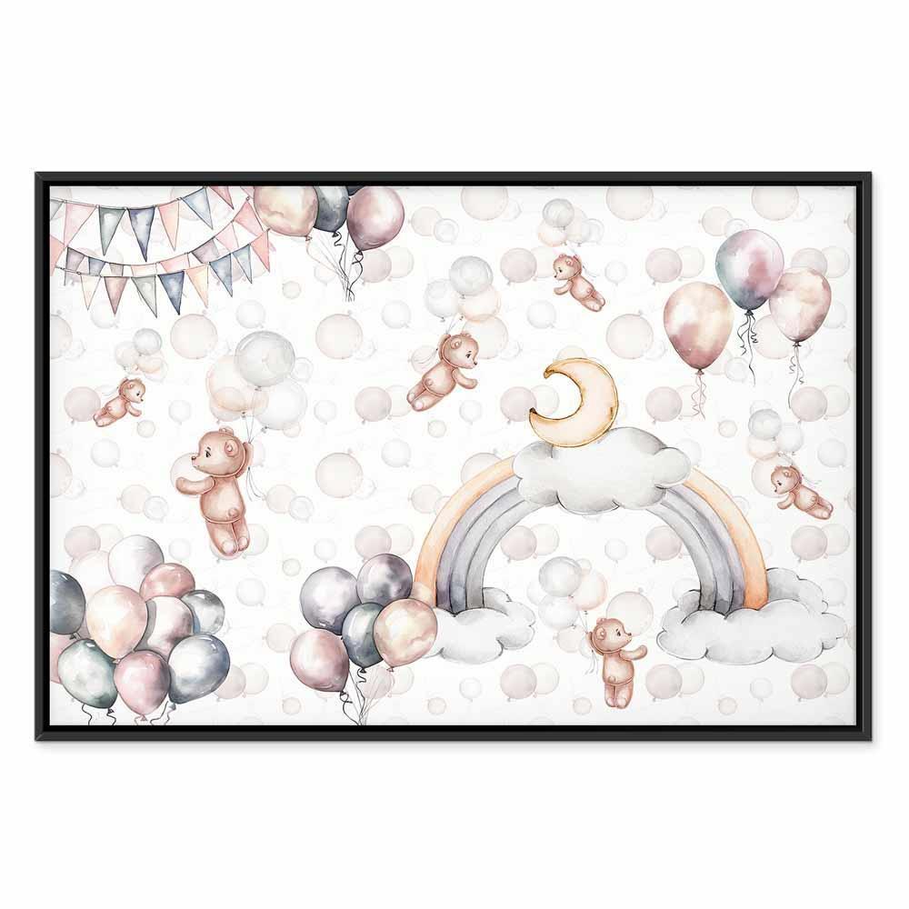 Leinwandbild - Toy Bears with Balloons - Flying Plush Bears Among Balloons Clouds and Rainbows in Subtle Pastel Hues