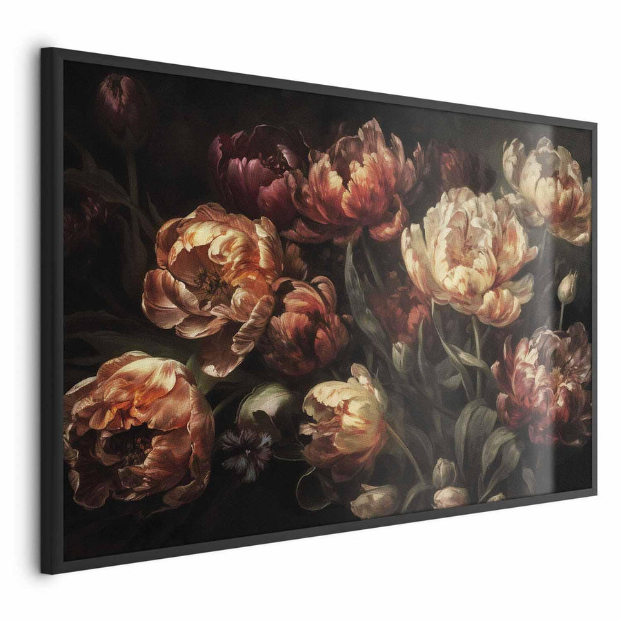 Blooming tulips poster in a decorative frame, featuring vivid floral artwork.