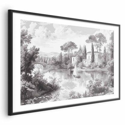 Poster - Black-and-White Vintage Landscape with a Pond Artgeist