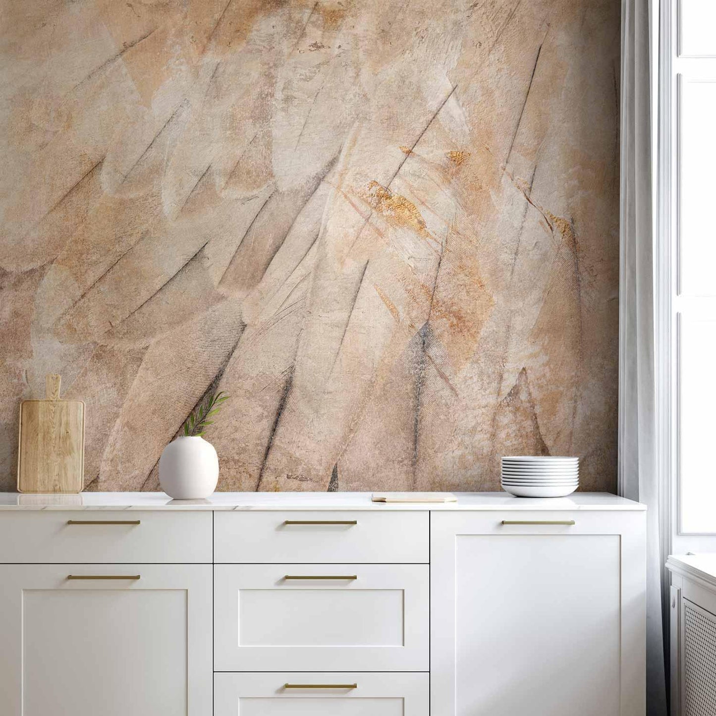 Fototapete - Bird's wings - minimalist close-up on beige feathers with pattern