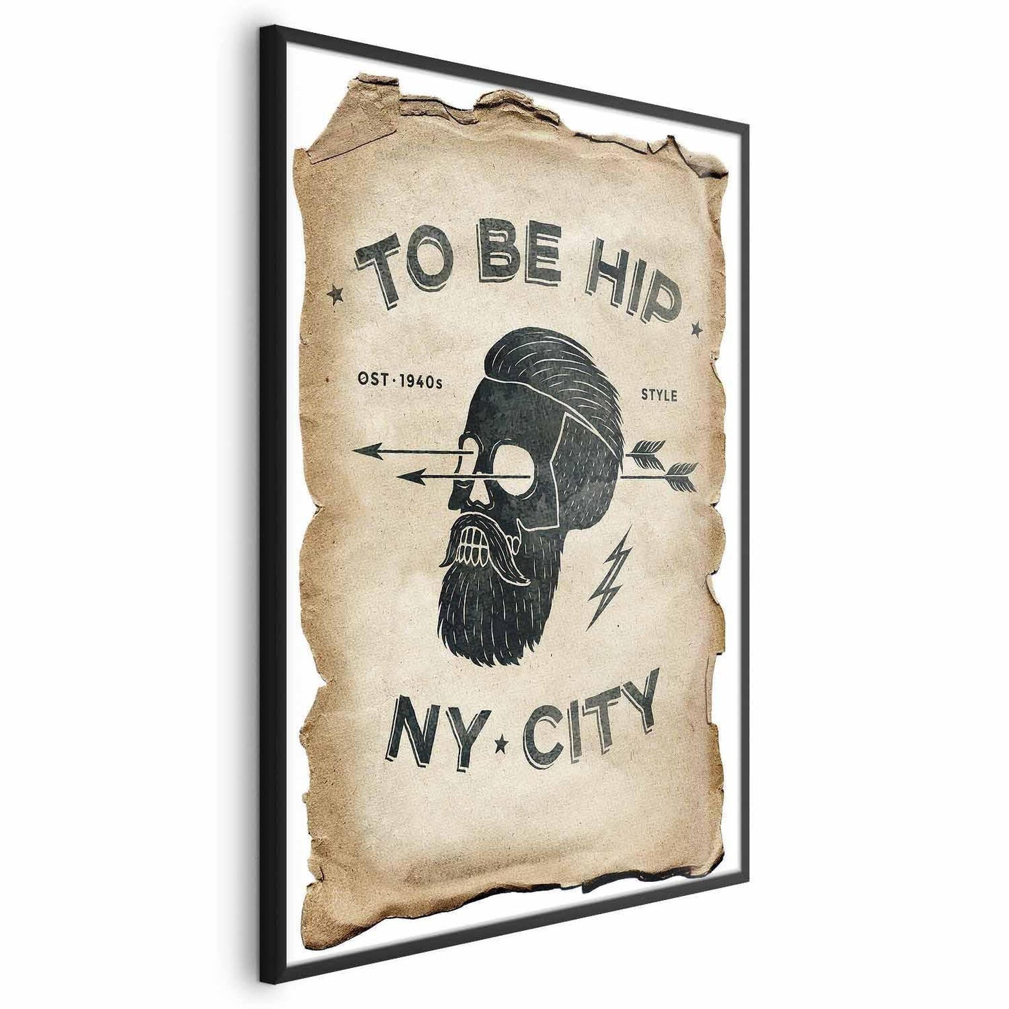 Vintage-style "To Be Hip" poster featuring a bearded skull with arrows, framed and ideal for trendy interior decor.