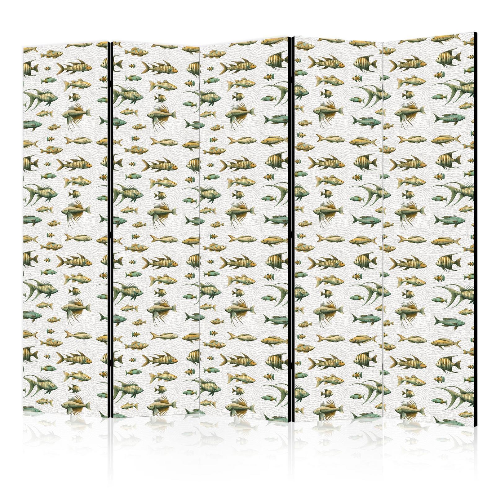 Paravent - Unusual Species of Fish - a Cluster of Fish in Muted Colors in Retro Style Against a Background of Beige Streaks Artgeist