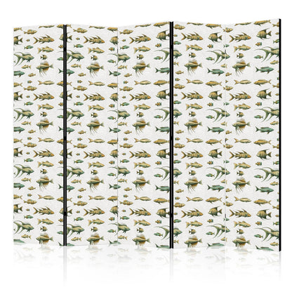 Paravent - Unusual Species of Fish - a Cluster of Fish in Muted Colors in Retro Style Against a Background of Beige Streaks Artgeist