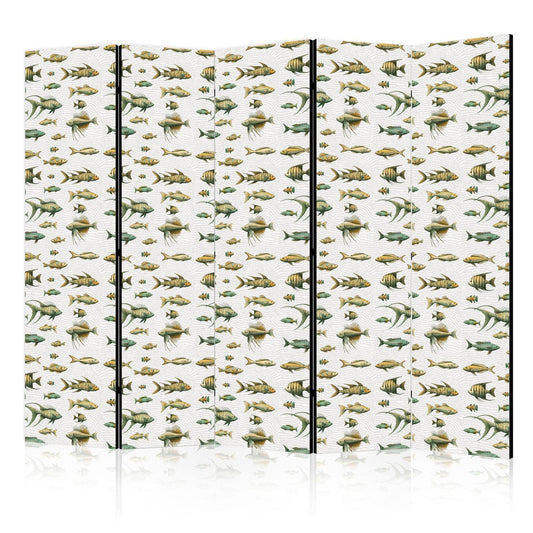 Paravent - Unusual Species of Fish - a Cluster of Fish in Muted Colors in Retro Style Against a Background of Beige Streaks Artgeist