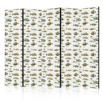 Paravent - Unusual Species of Fish - a Cluster of Fish in Muted Colors in Retro Style Against a Background of Beige Streaks Artgeist