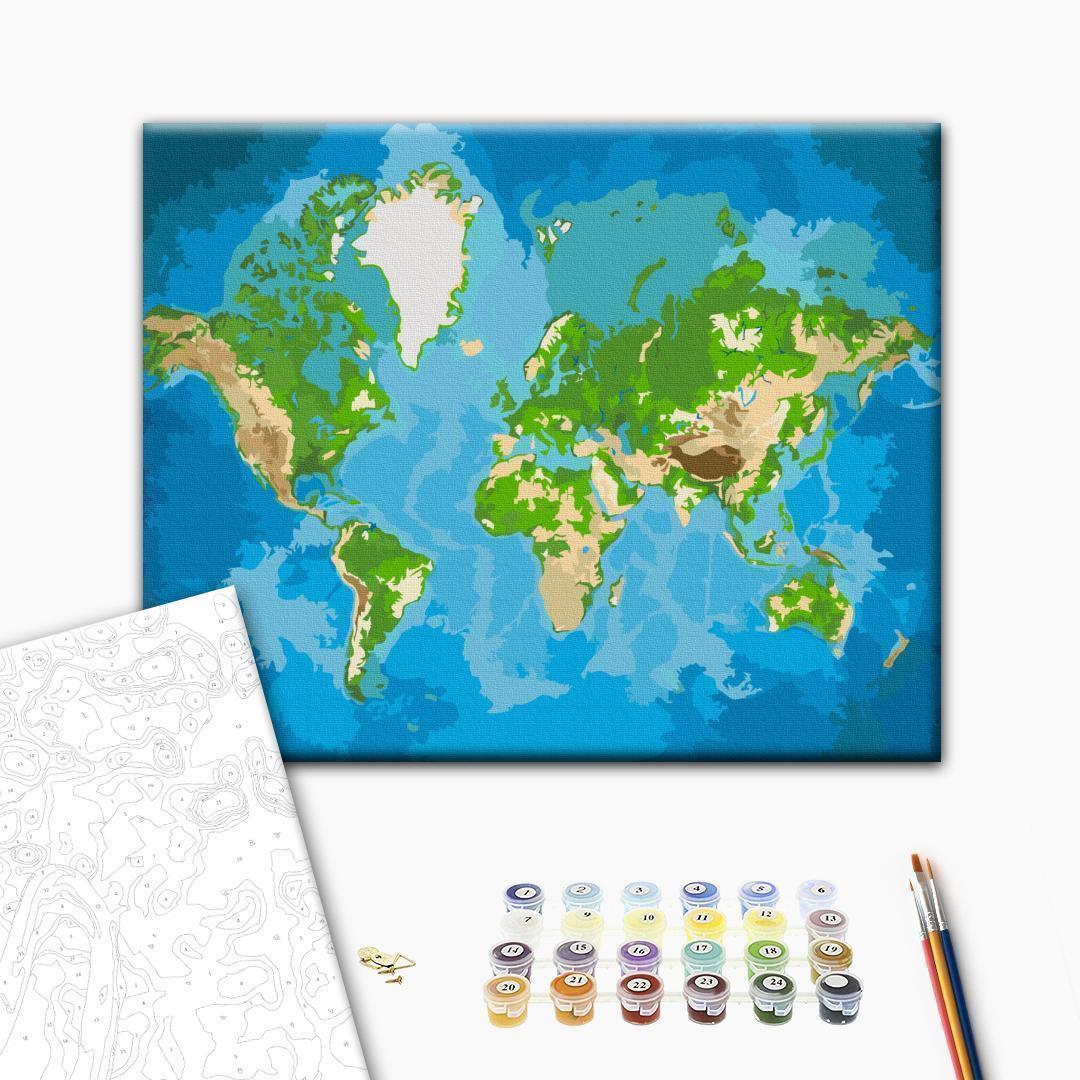 Malen nach Zahlen - World Map (Blue & Green)