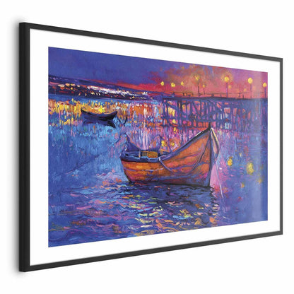 Poster - Modern impressionism - night landscape of a lake with a floating boat