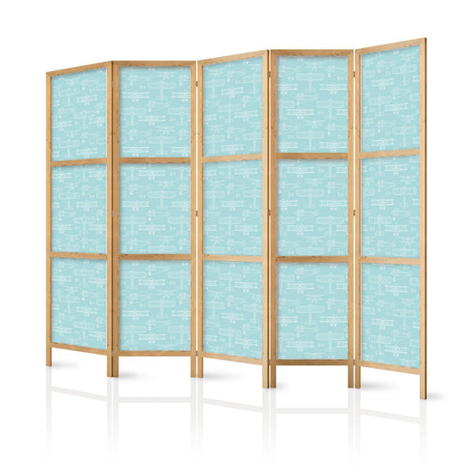 Japanischer Paravent - Sketch - Outline of an Airplane in White on a Turquoise Background Artgeist