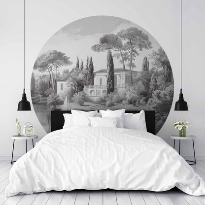 Runde Fototapete - Black and white vintage landscape with a pond