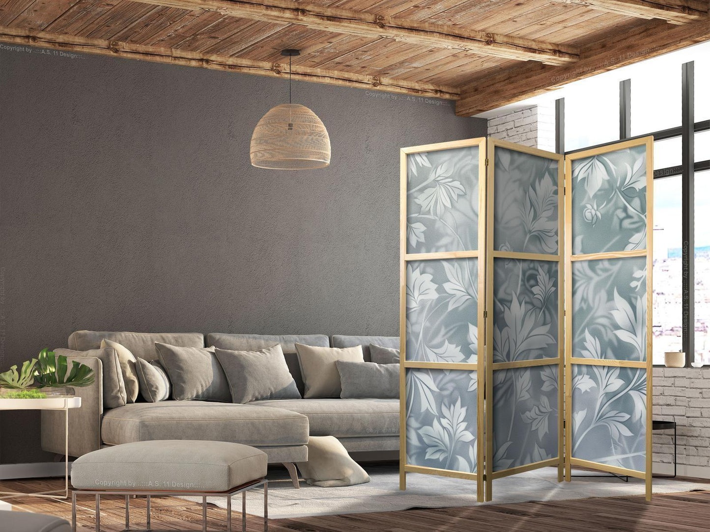 Japanischer Paravent - Ornaments in Worn Muted Turquoises - Delicate Plant Pattern