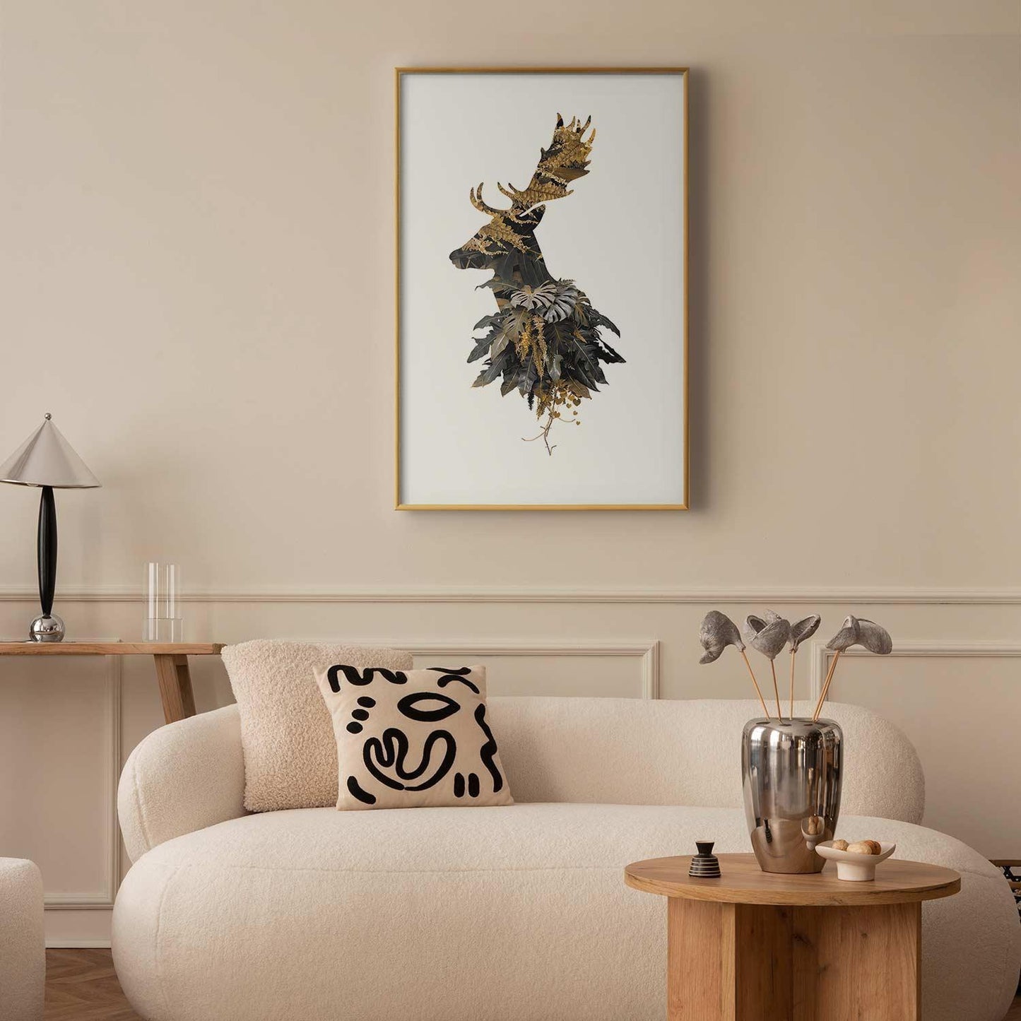 Poster featuring a deer in forest design displayed in a stylish room.