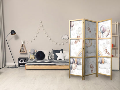 Japanischer Paravent - Plush Bears with Balloons - Flying Light-Brown Bears Among Balloons - Clouds - and Rainbows in Subdued - Pastel Colors