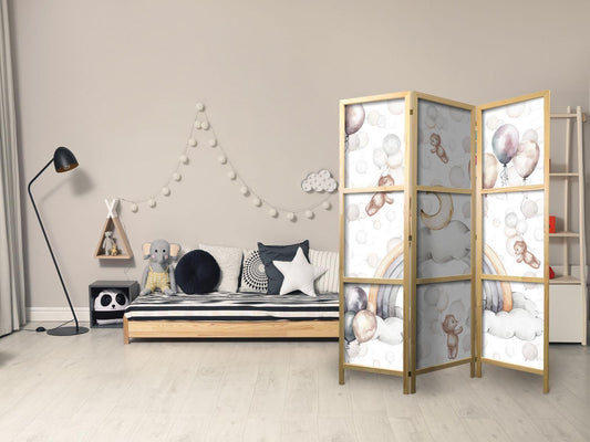 Japanischer Paravent - Plush Bears with Balloons - Flying Light-Brown Bears Among Balloons - Clouds - and Rainbows in Subdued - Pastel Colors