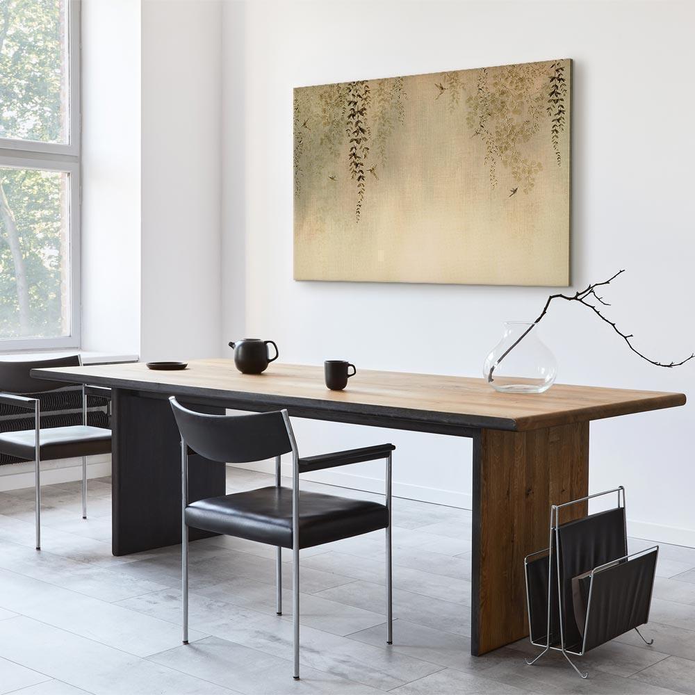 Leinwandbild - Spring Orchard - Hummingbirds Among Tree Branches in Beige Shades