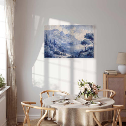 Leinwandbild - Blue Bay - Italian landscape of Lake Como painted with blue ink