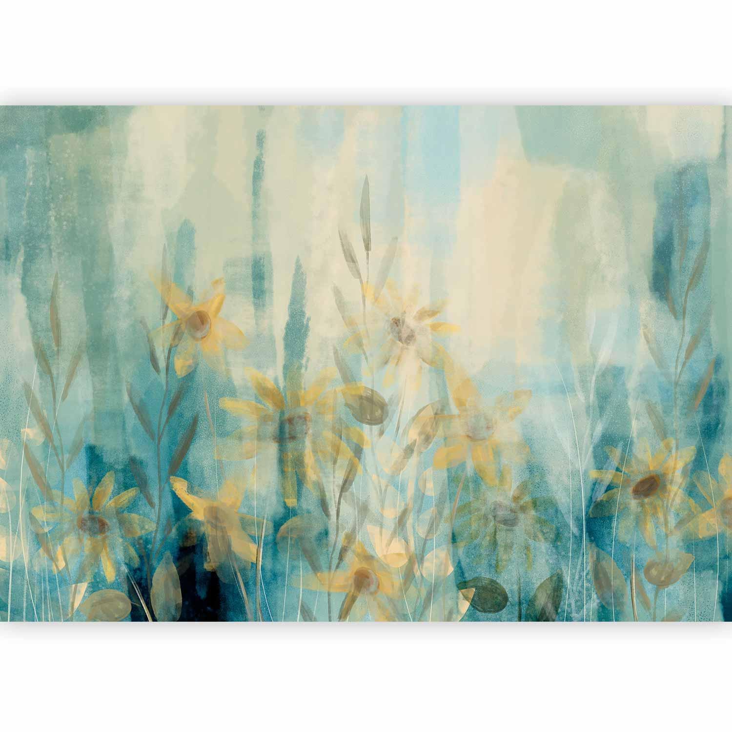 Fototapete - Hauch von Sommer – florales Motiv mit einer Blumenwiese in Blautönen 