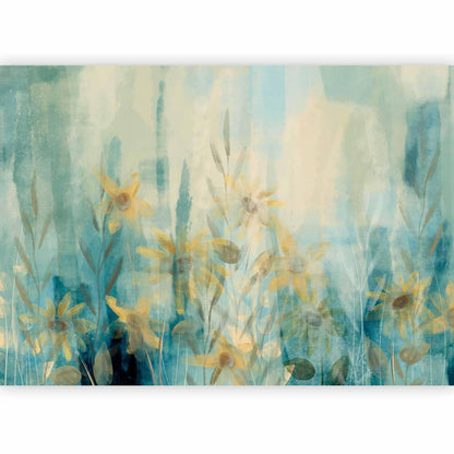 Fototapete - Hauch von Sommer – florales Motiv mit einer Blumenwiese in Blautönen 
