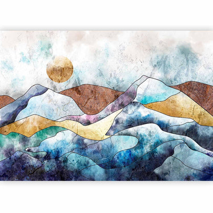 Kunstvolle Buntglas-Fototapete zeigt Landschaftsmotiv mit charakteristischen Bleilinien und leuchtenden Glasmalerei-Farben