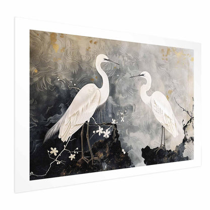 Poster - Herons and Cherry Blossom - oriental-style illustration depicting birds