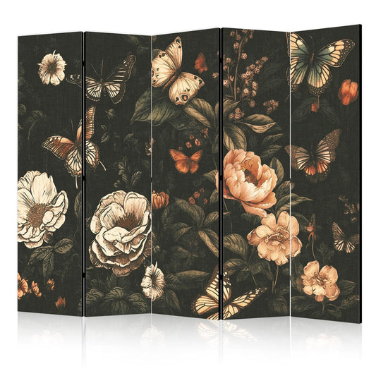 Paravent - Mysterious Garden - Butterflies Flying Over Flowers - Rustic Evening Artgeist