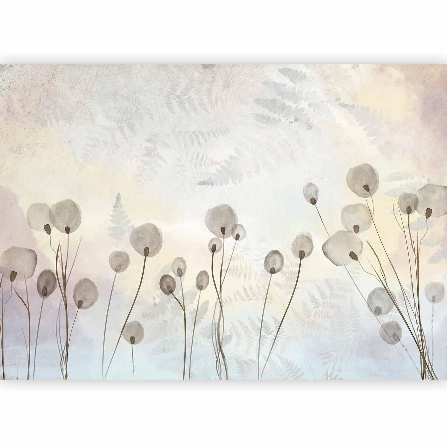 Fototapete - Minimalist meadow - floral motif in light shades with reflections