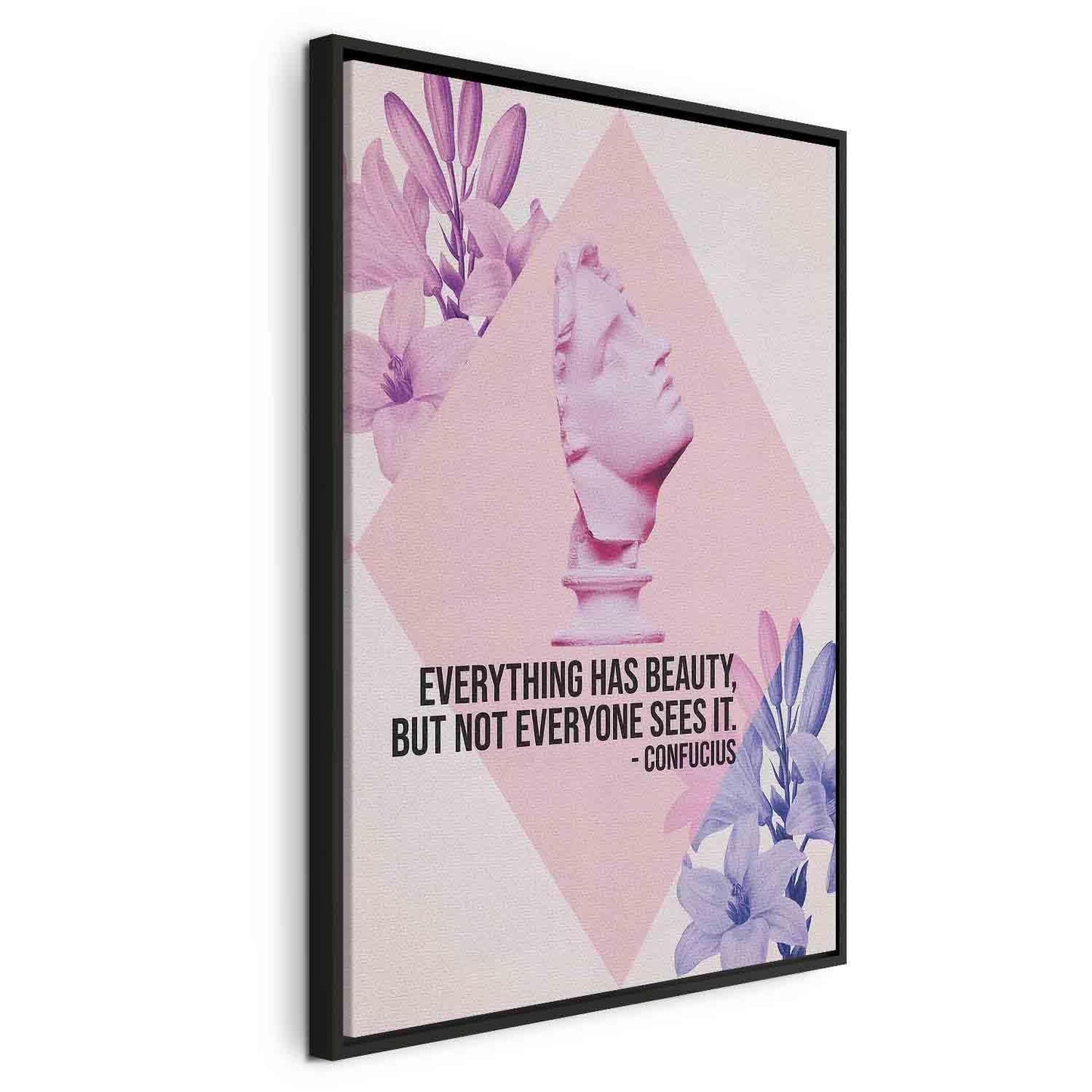 Leinwandbild - Beauty in the Eyes - Inspirational Quote with Pink Bust and Flowers