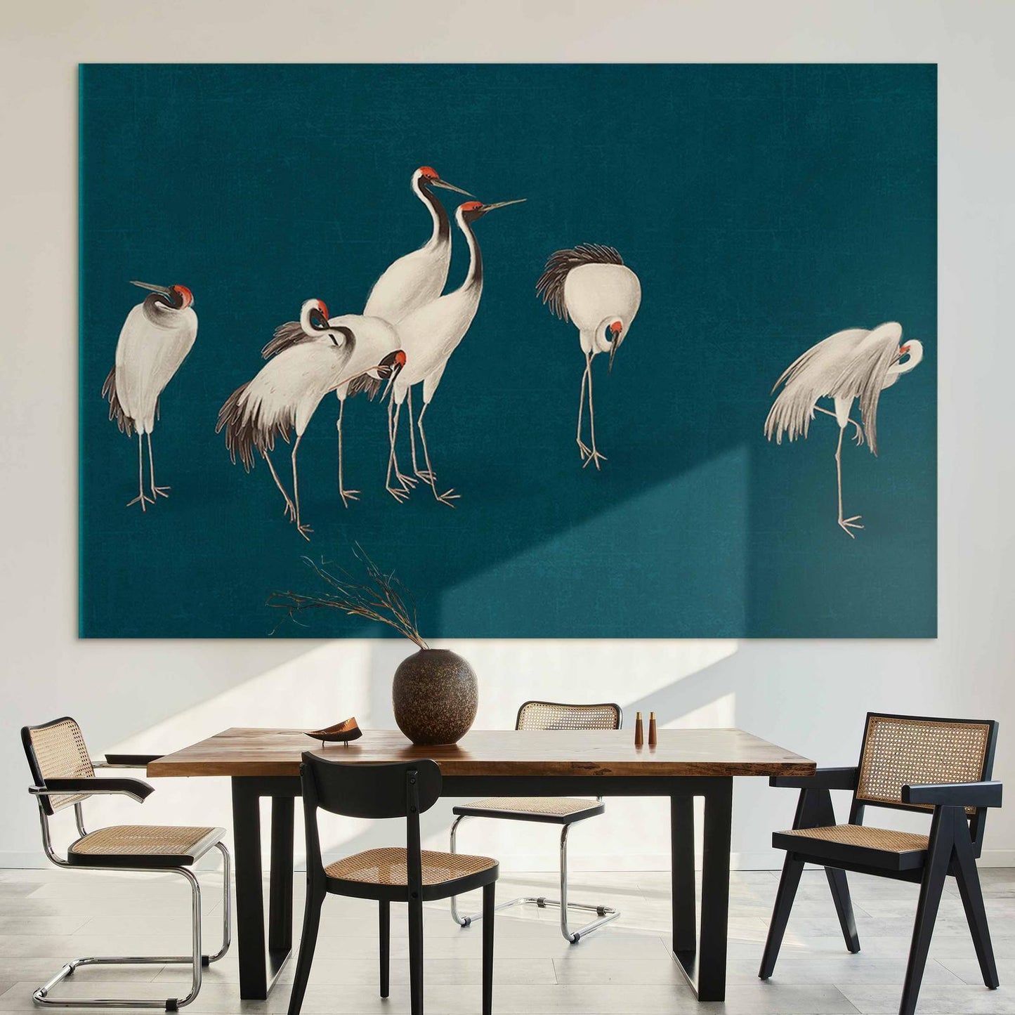 Wandbild XXL - Evening by the pond - a group of cranes drawn in dry pastel on a dark turquoise background