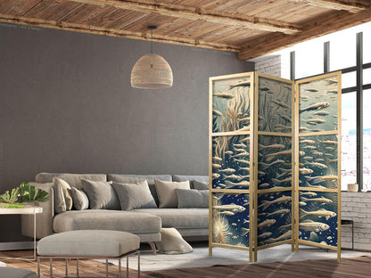 Japanischer Paravent - Life in the Ocean - Underwater World of Fish and Vegetation in Beige and Navy Retro Style Artgeist