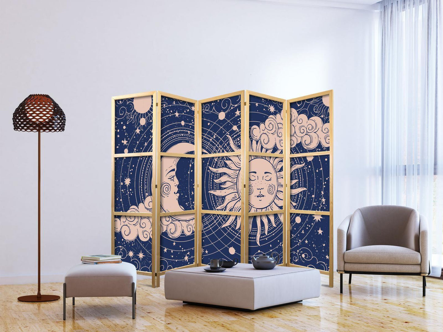 Japanischer Paravent - Cosmic Harmony - Illustration of the Sun and Moon on a Navy Background Artgeist